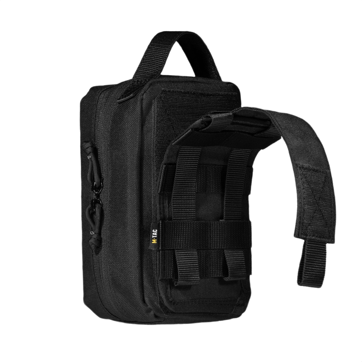 Musta M-Tac Medical Pouch Rip Off MOLLE Velcro -paneeleilla, suunniteltu ensiapupakkauksen säilytykseen, varustettu kestävällä vetoketjulla.