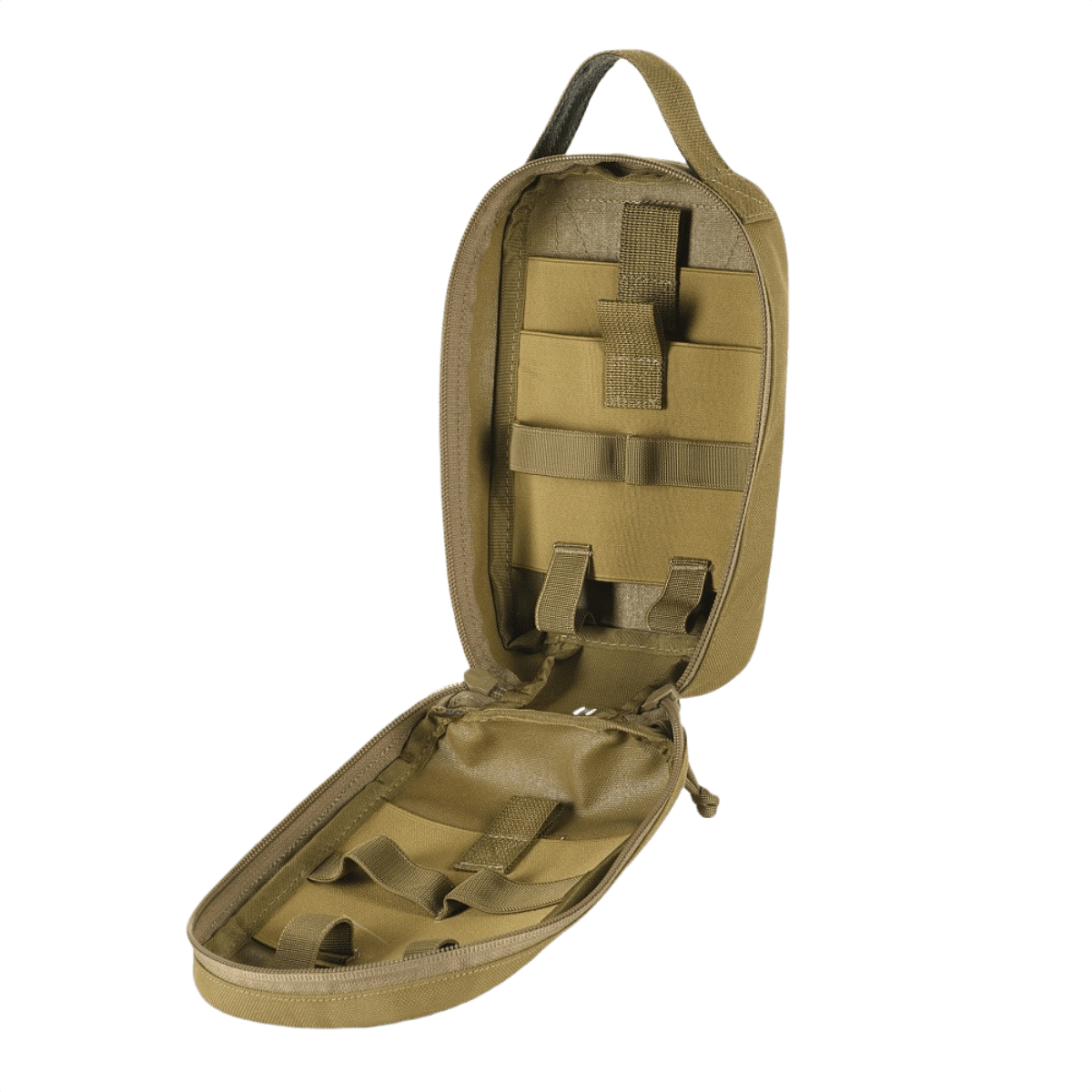 M-Tac Medical Pouch Rip Off avattuna, näyttää sisäisen muotoilun vahvoine vetoketjuineen ja MOLLE Velcro -paneeleineen turvallista säilytystä varten.