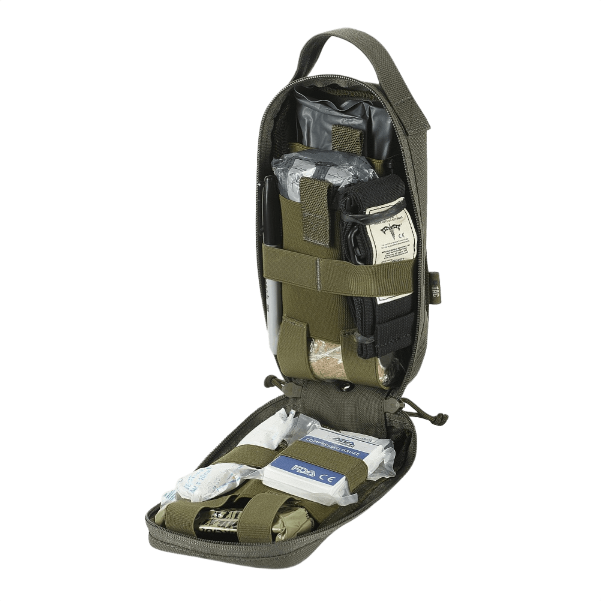 M-Tac Medical Pouch Rip Off avattu lääkintälaukku ensiapupakkauksella, kiinnitetty MOLLE Velcro -paneeleihin, valmis nopeaan käyttöön.