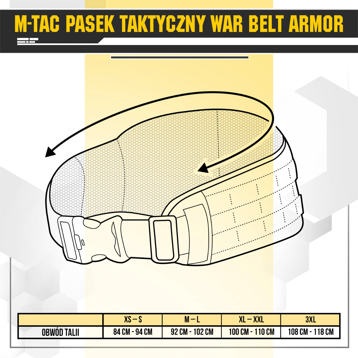 M-Tac War Belt ARMOR -kaavio koko-oppaalla ja MOLLE-webbingillä, valmistettu kestävästä Cordura 500D:stä.