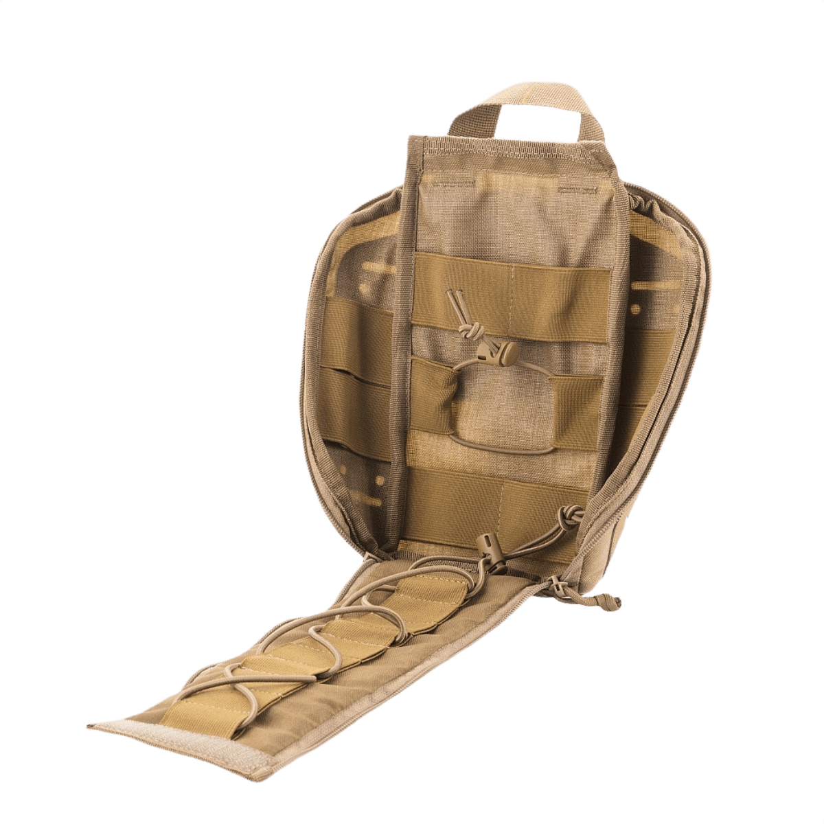 M-Tac Medical Pouch Elite Rip Off avattuna joustavilla hihnoilla helppoon lääkintävälineiden järjestelyyn.