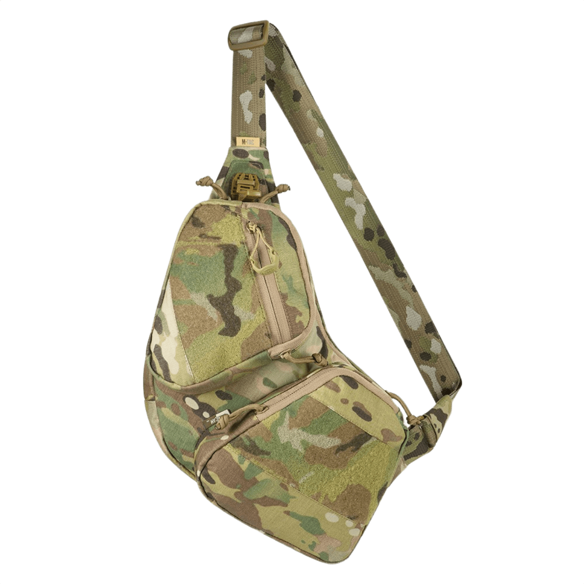 M-Tac Bat Wing Bag Elite maastokuvioitu, valmistettu Cordura 500 MS -materiaalista, YKK-vetoketjut, veluurivuori ja turvamekanismi.