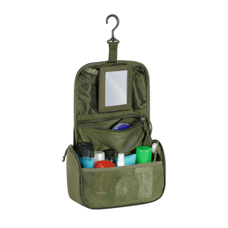 M-Tac toilettilaukku vettä hylkivästä 600D-polyesteristä, avoinna hammasharjat ja voiteet näkyvissä, kätevä matkakäyttöön. Mitat: 24 x 15 x 8,5 cm.