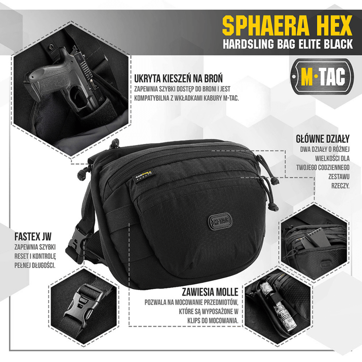 M-Tac Sphaera Hex Hardsling Bag mustana, piilotettu aseenkotelo ja moduulijärjestelmä, valmistettu kestävästä Cordura/Hex-polyesteristä.