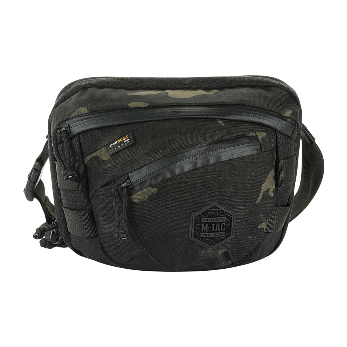 M-Tac Sphaera Hex Hardsling Taske Gen.II Elite mustana ja camouflage-designilla, kompakti ja toiminnallinen säädettävällä olkahihnalla.