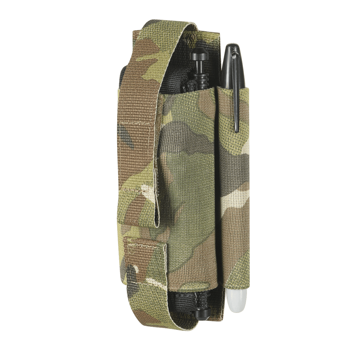 M-Tac Elastinen turnikekotelo Molle Gen.III camossa, kynätaskulla ja elastisella remmillä.