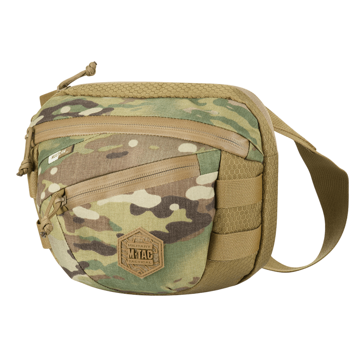 M-Tac Sphaera Hex Hardsling Taske Gen.II Elite camouflagedesignilla, säädettävä olkahihna ja useita vetoketjutaskuja.