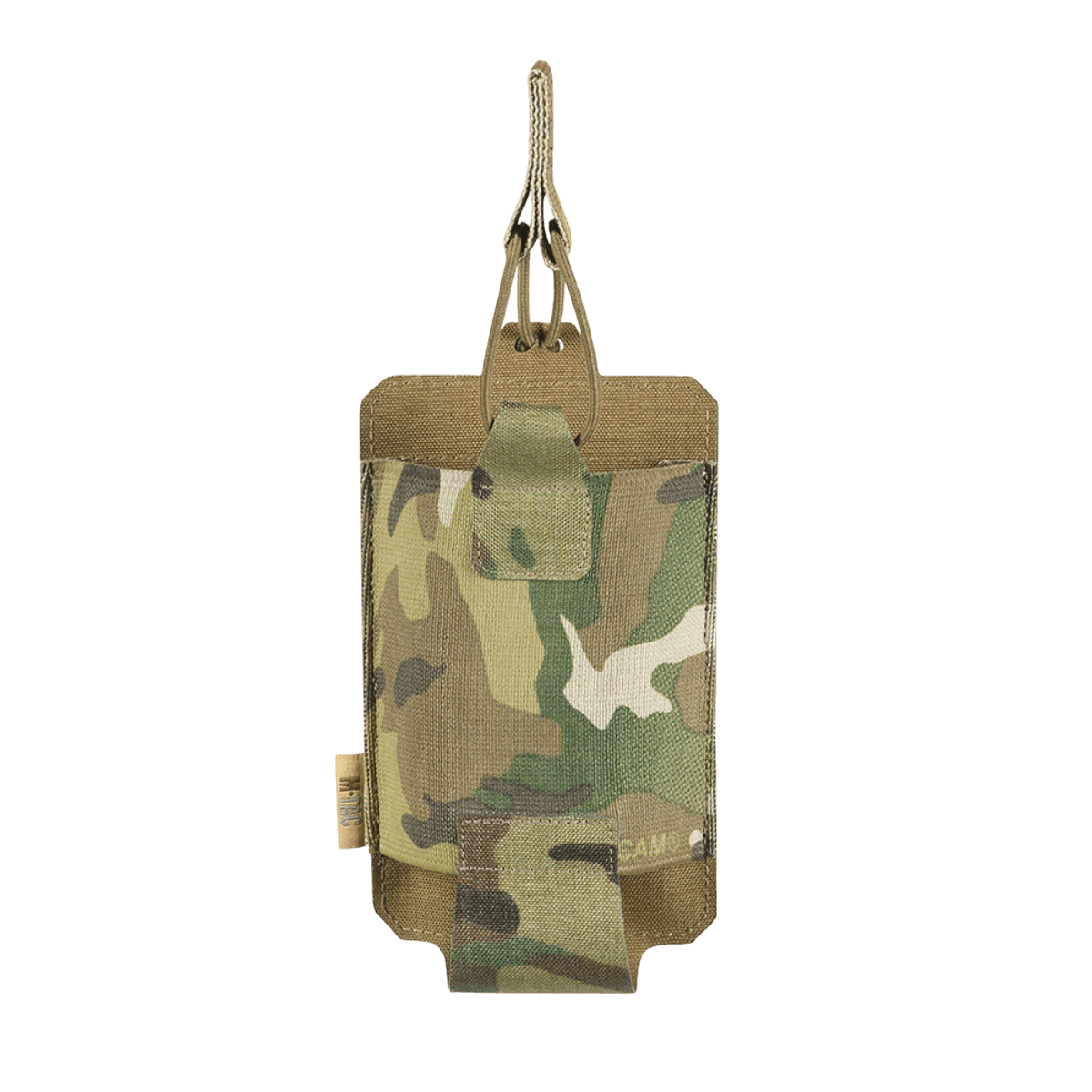 M‑Tac Elastinen Single Magazine Pouch Elite maastokuvioisena, MOLLE-kiinnitys ja elastinen remmi AK/AR-lipalle, edestä nähtynä