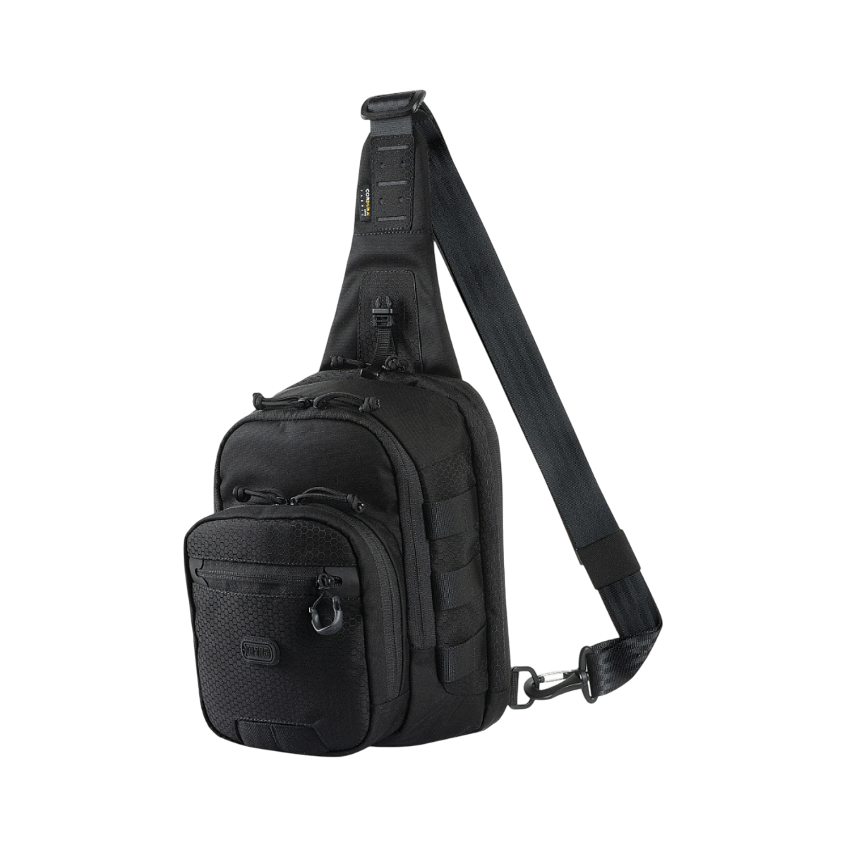 M‑Tac Cross Bag Elite Hex kestävästä Cordura 500 -materiaalista, musta sling-laukku MIL-SPEC-sovituksin, tarkoitettu taktiseen käyttöön