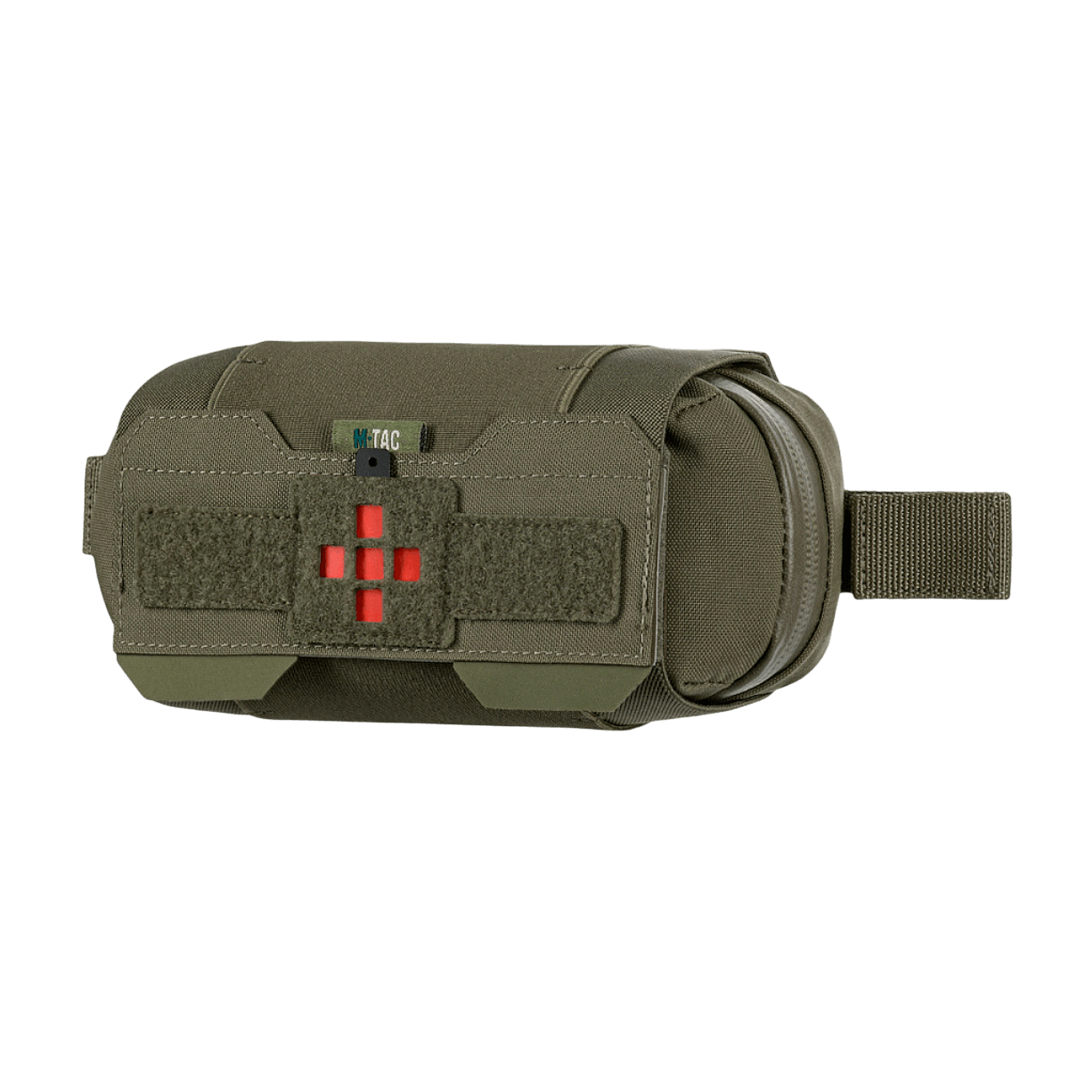 M‑Tac Horizontal Medical Pouch Elite oliivinvihreänä Cordura 500D -materiaalista YKK AquaGuard -vetoketjulla, sivulta nähtynä.