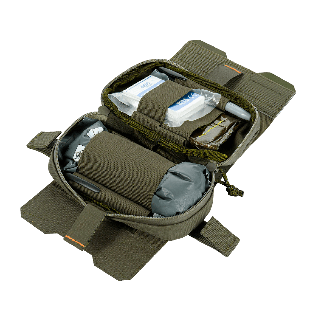 M-Tac Horizontal Medical Pouch Elite avattuna järjestetyillä ensiapuvälineillä, sopii kentälle, valmistettu kestävästä Cordura-materiaalista.
