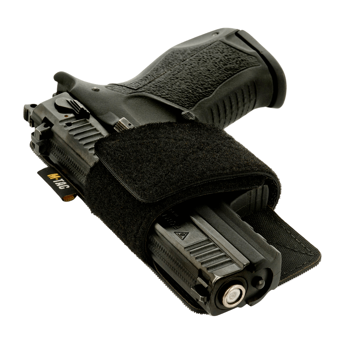 Musta M-Tac Hylster-Insert Light pistoolikotelo piilotettuun kantoon, yhteensopiva taktisten laukkujen kanssa, tarranauha kiinnitykseen, nopea pääsy.