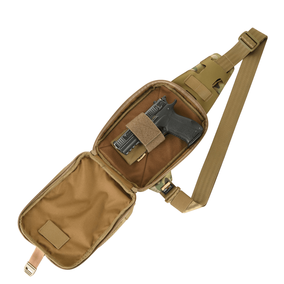 M-Tac Sling pistoolilaukku Elite Hex, säädettävä hihna ja piilotetun aseen säilytystila, avoinna sisältö näkyvissä