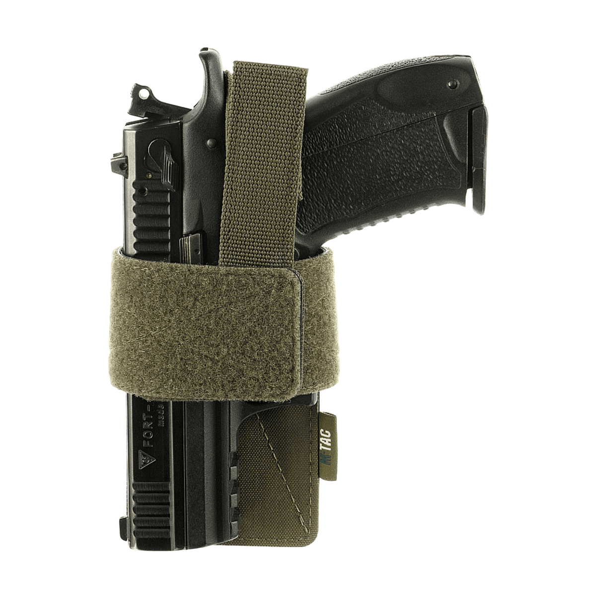 M-Tac modulaarinen universalinen Lås Light -pistoolikotelo taktiseen käyttöön ja piilotettuun kantoon, säädettävä Velcro-nauha pitää aseen paikoillaan.