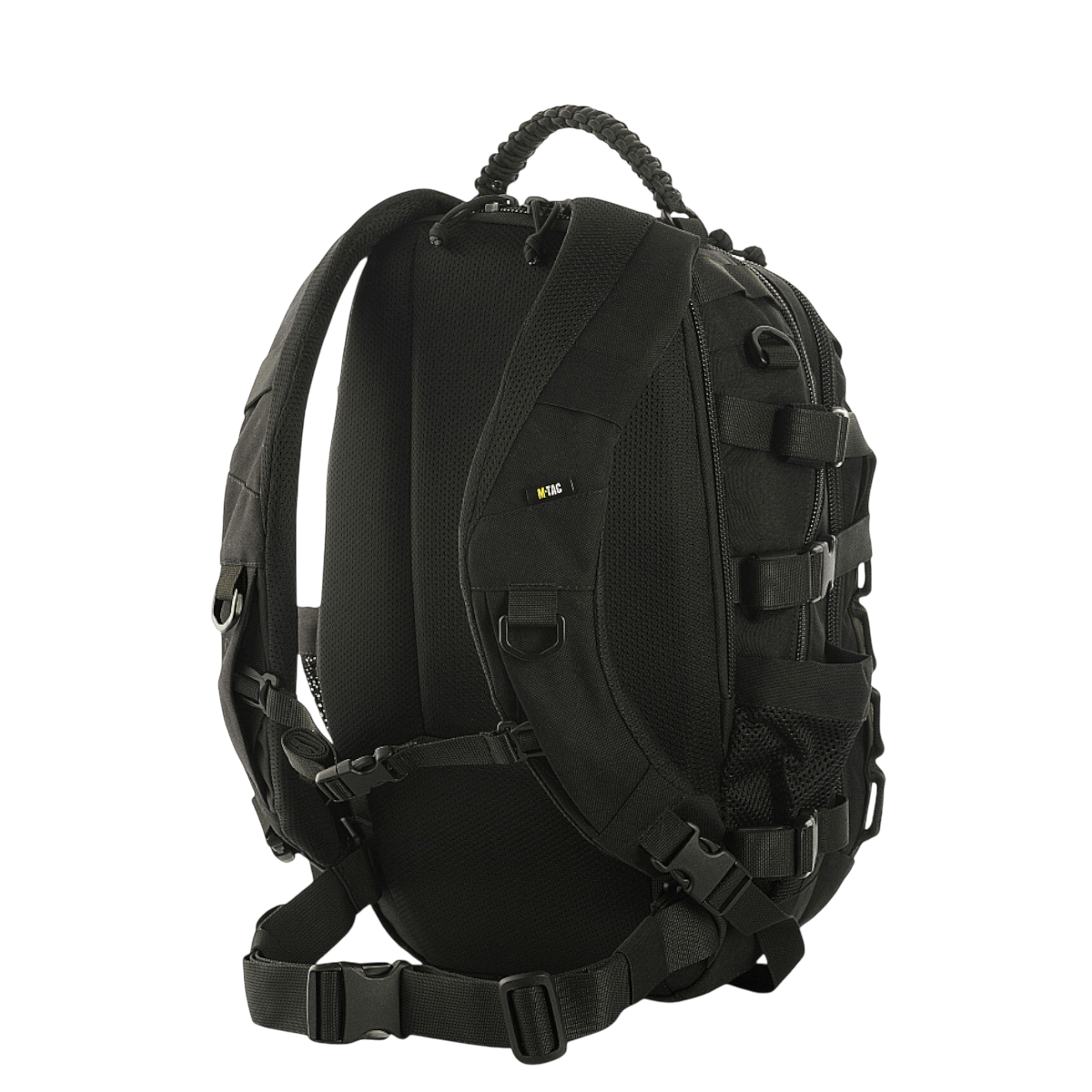 M-Tac Mission Pack Elite reppu, musta Cordura 1000D, ergonominen muotoilu ja MOLLE-järjestelmä (takaa kuvattuna).