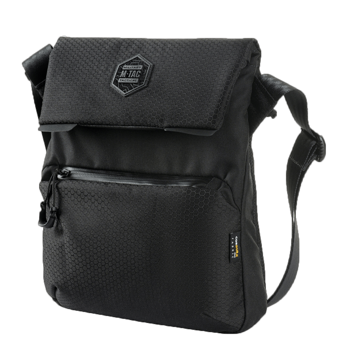 M-Tac Konvert Taske Elite mustana, Cordura-materiaalia, säädettävä olkahihna ja magneettikiinnitys.