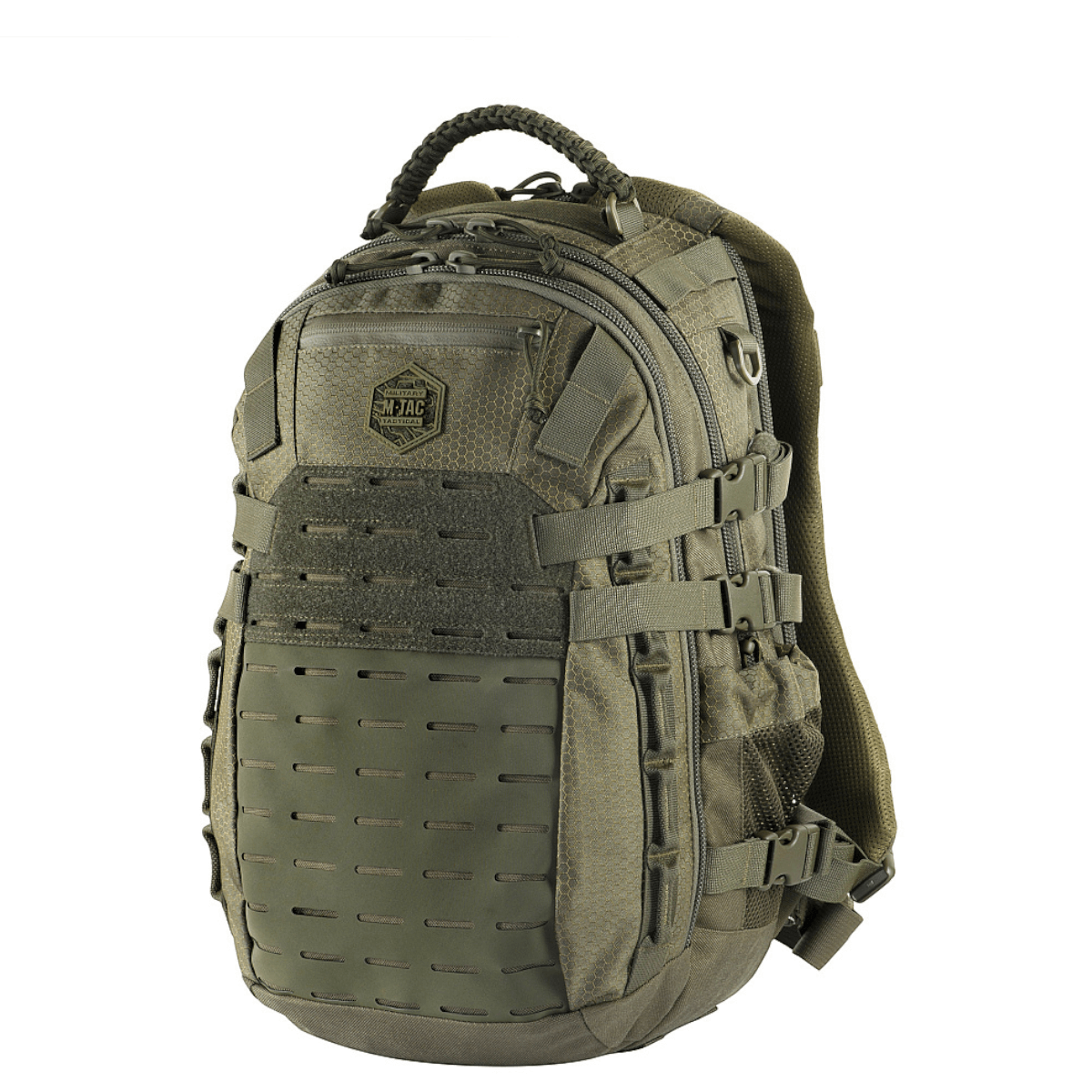 M-Tac Mission Rygsæk Elite Hex Cordura-materiaalista, ergonominen muotoilu ja MOLLE LASER CUT -järjestelmä ylimääräisten taskujen kiinnittämiseen.