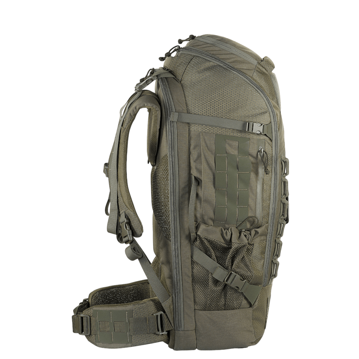 M-Tac reppu Large Elite Hex Gen. IV robustista Cordura-materiaalista, suunniteltu kannettavuuteen ja aseiden suojaamiseen.