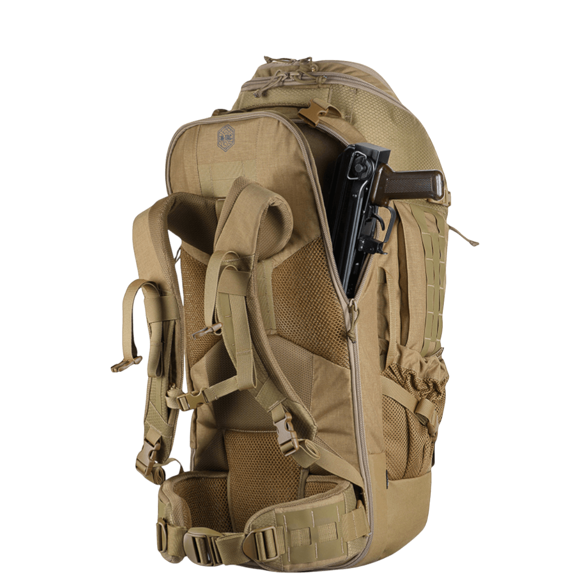 M-Tac reppu Large Elite Hex Gen. IV kestävästä Cordura-materiaalista, suunniteltu ergonomiseen toimivuuteen ja aseiden kantamiseen.