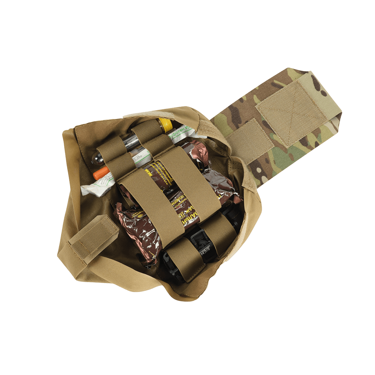 M‑Tac Medic Pouch Vertical Large Elite ensiapuvälineillä, kestävä Cordura 500D -muotoilu camo‑kuosissa.
