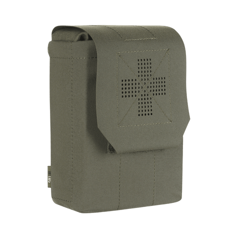 Vihreä M-Tac Medic Pouch Vertical Large Elite, lääkintälaukku kestävästä Cordura 500D -materiaalista, turvallinen säilytys ja nopea pääsy.