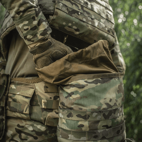 M-Tac Sukharka Gen.3 Pouch maastokuvioituna kiinnitettynä sotilasvarustukseen, näyttää säilytystilan ja Cordura 500D:n.