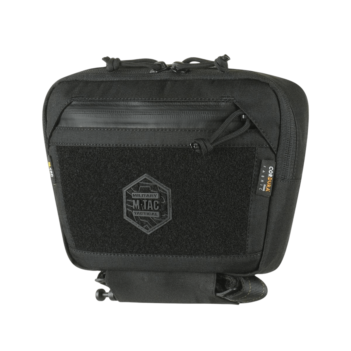 M-Tac Large Elite Gen.II -olkalaukku, musta Cordura 500D, YKK-vetoketjut ja Velcro-paneeli brändilogolla, taktiseen varustukseen.
