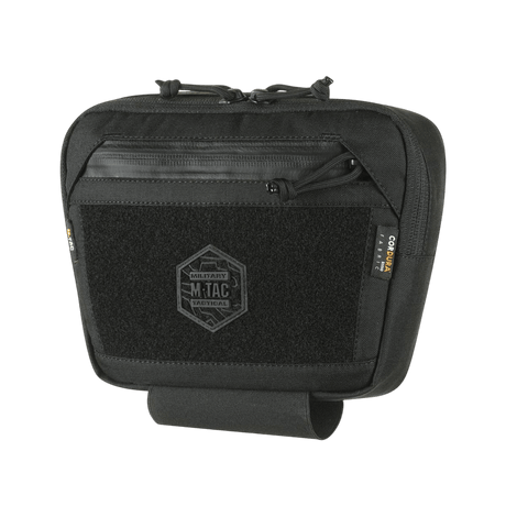 M-Tac Large Elite Gen.II -olkalaukku, musta Cordura 500D, YKK-vetoketjut, etu-Velcro-paneeli ja hexagon-brändilogo.