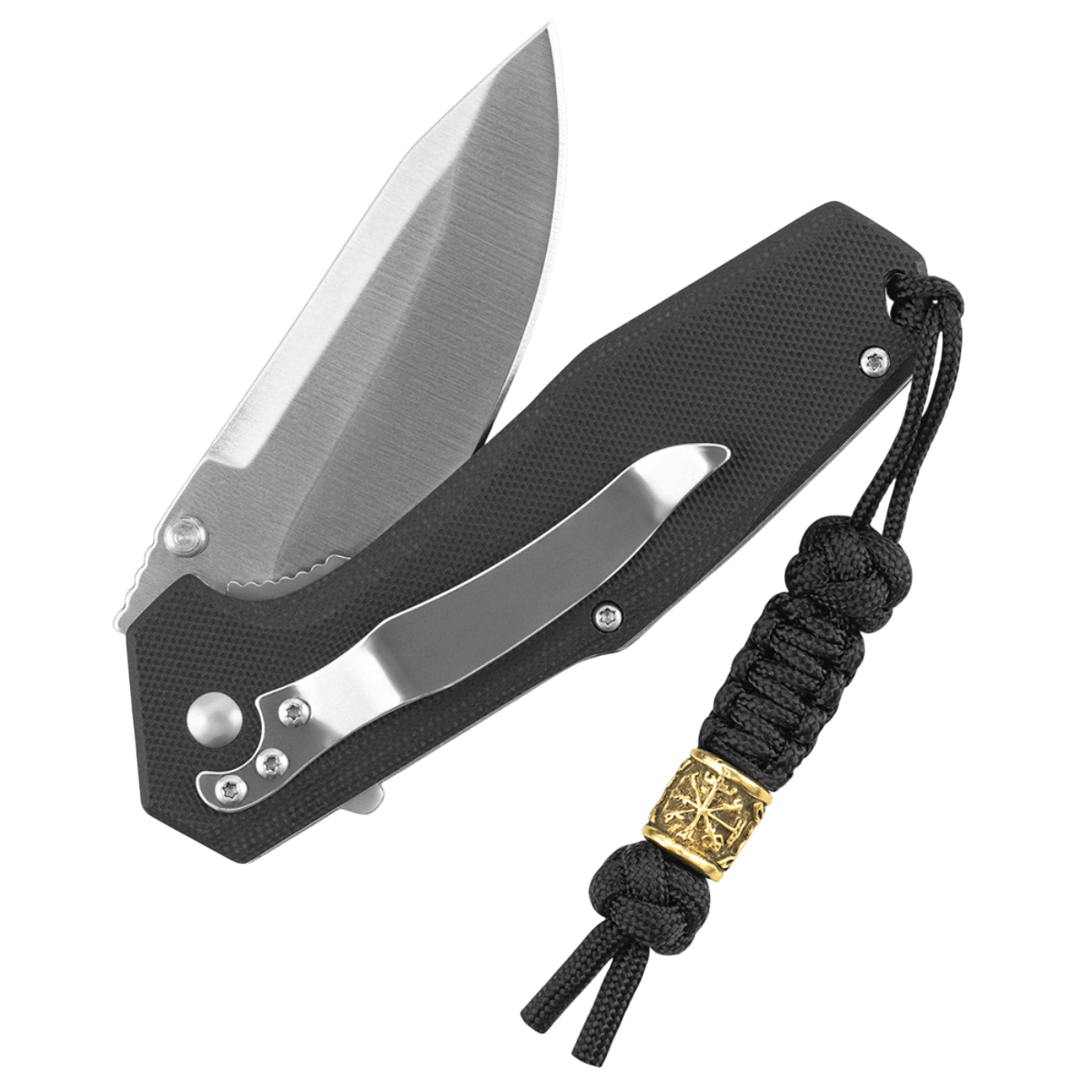 M-Tac Lanyard Scandinavian Small Helmet of Terror kiinnitetty mustaan taktiseen veitseen, koristeltu skandinaavisilla kuvioilla ja paracordilla