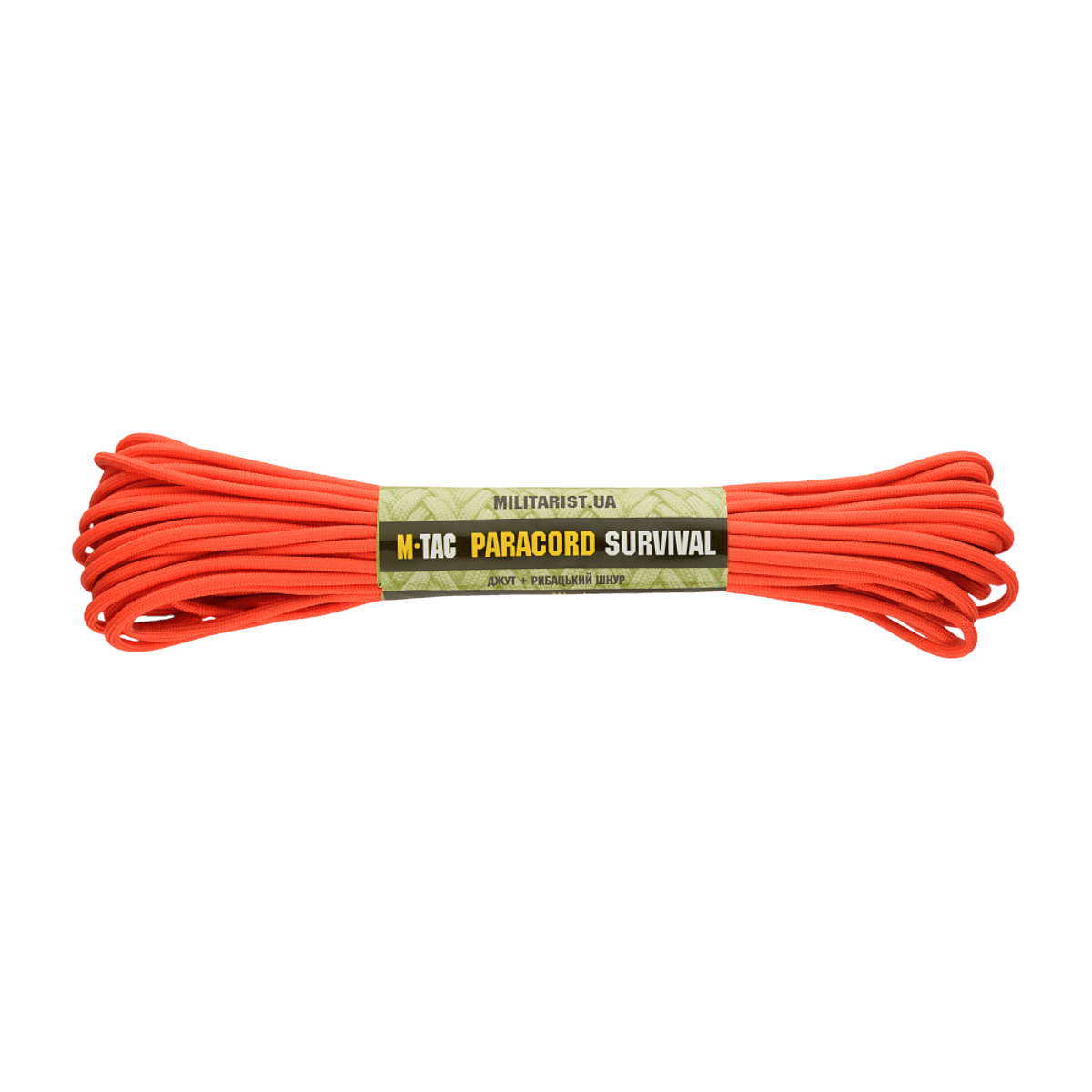 M-Tac Paracord Survival 15m oranssina, vahva ja kevyt nyloni-paracord 7 ydinsäikeellä, suunniteltu selviytymiseen ja ulkokäyttöön.