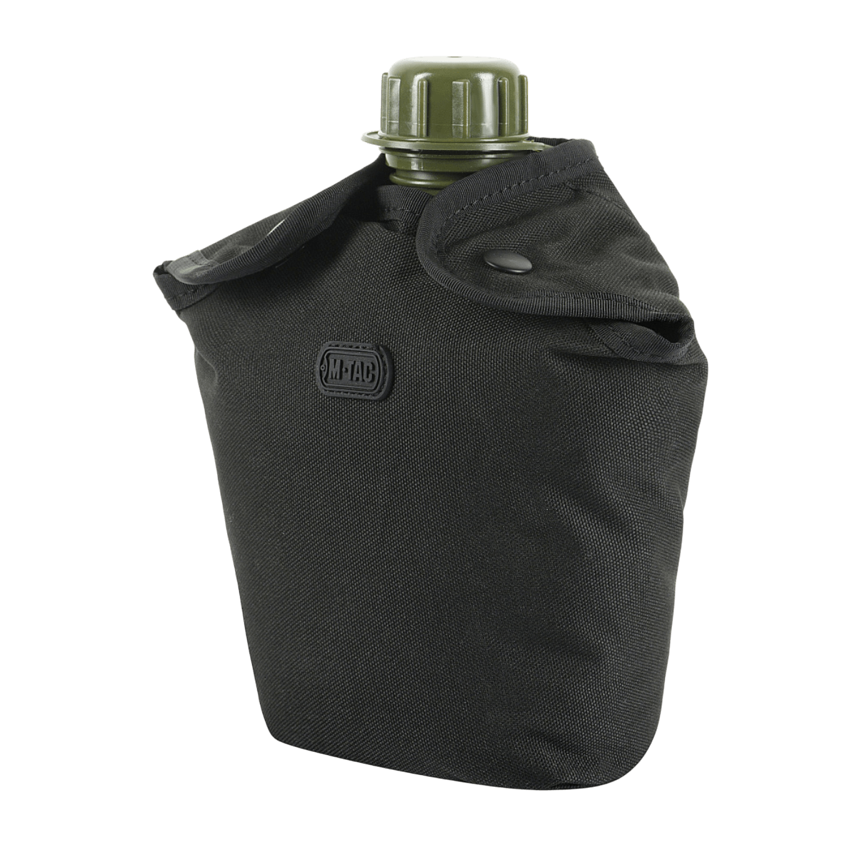 M-Tac Flaskeholder MOLLE kulutusta kestävästä polyesterista PVC-pinnoitteella, tyhjennysreiällä ja MOLLE-järjestelmällä retkeilyyn. Musta väri, juomapullon kanssa.
