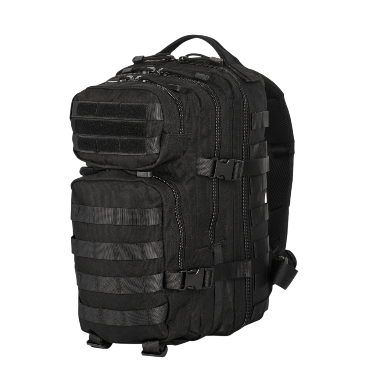 Musta M-Tac Assault Pack MOLLE-järjestelmällä, kaksi suurta päällistä taskua, etutaskut ja säädettävät olkahihnat.
