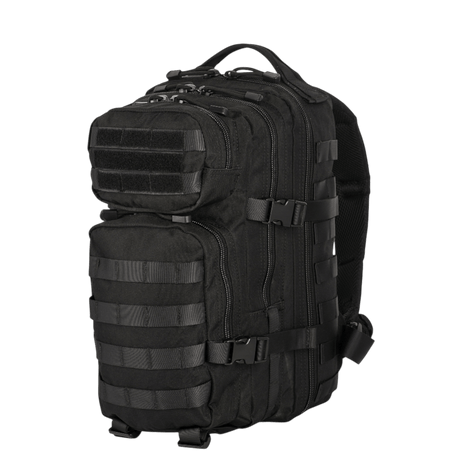 Musta M-Tac Assault Pack MOLLE-järjestelmällä, kaksi suurta päällistä taskua, etutaskut ja säädettävät olkahihnat.