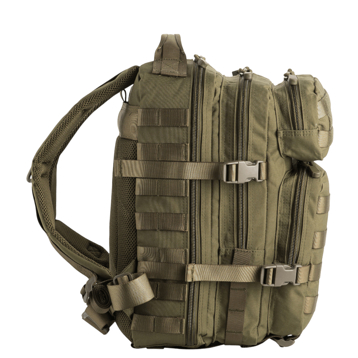 M-Tac Assault Pack, oliivinvihreä, MOLLE-järjestelmä ja vetoketju, sopii kaupunkirepuksi tai lyhyille retkille.