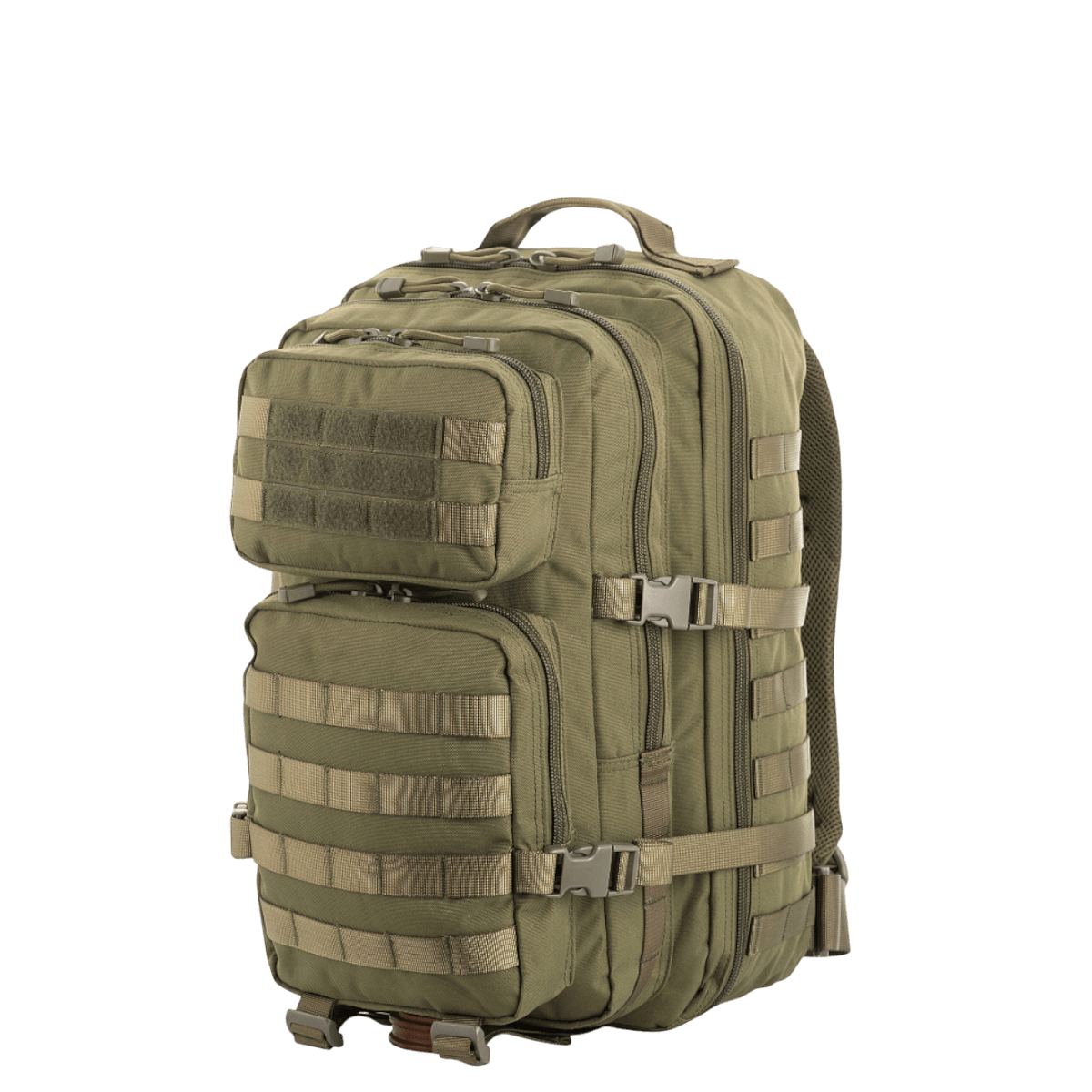 M-Tac Large Assault Pack -reppu, MOLLE-järjestelmä ja vetoketjutaskut, sopii kaupunki- ja vaelluskäyttöön, oliivinvihreä.