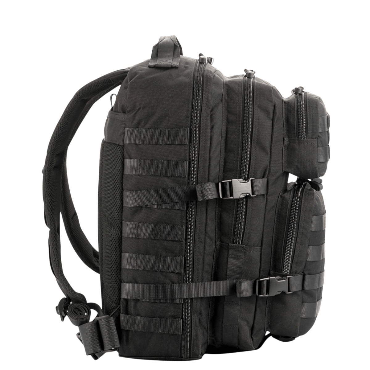 M-Tac Large Assault Pack -reppu sivulta, ylimääräiset taskut ja MOLLE-järjestelmä, musta