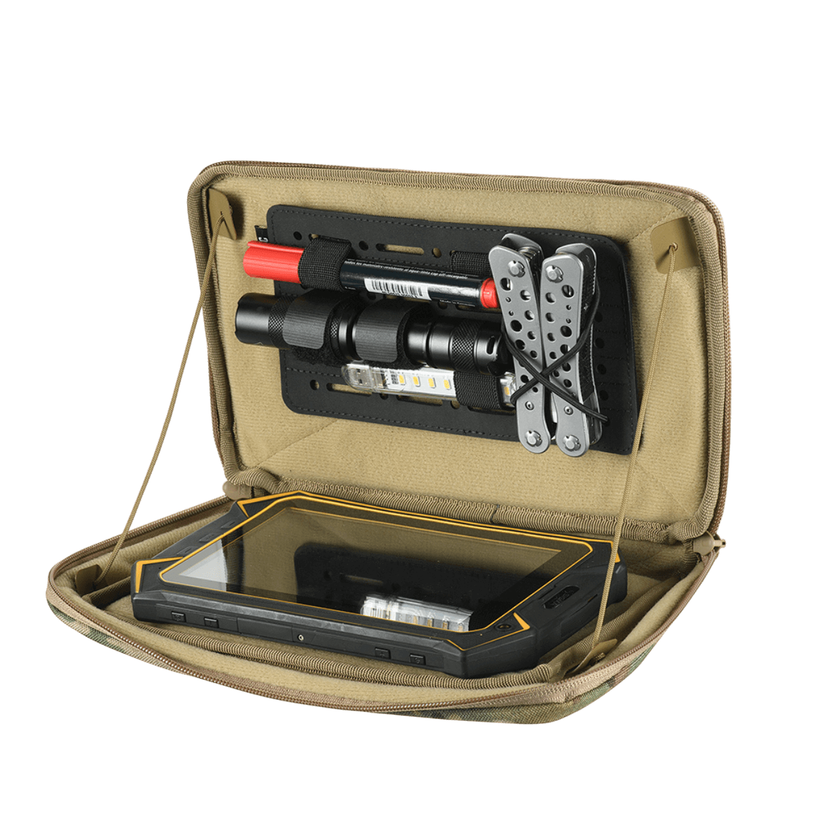 M-Tac Admin Pouch X-Large Elite avoin laukku työkaluilla ja tabletilla, optimoitu taktiseen varustukseen kestävässä Cordura 500D -muotoilussa.