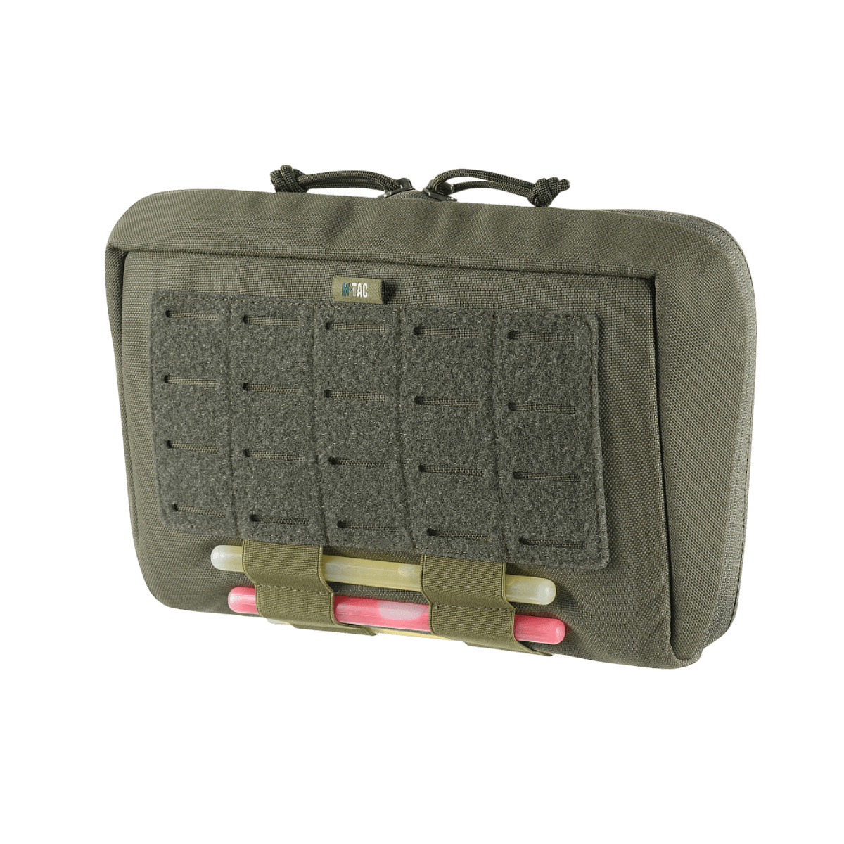 Kuva M-Tac Admin Pouch X-Large Elite -laukusta, kestävä ja tilava, velcro-etupaneelilla ja elastikilla taktista varustusta ja patcheja varten.