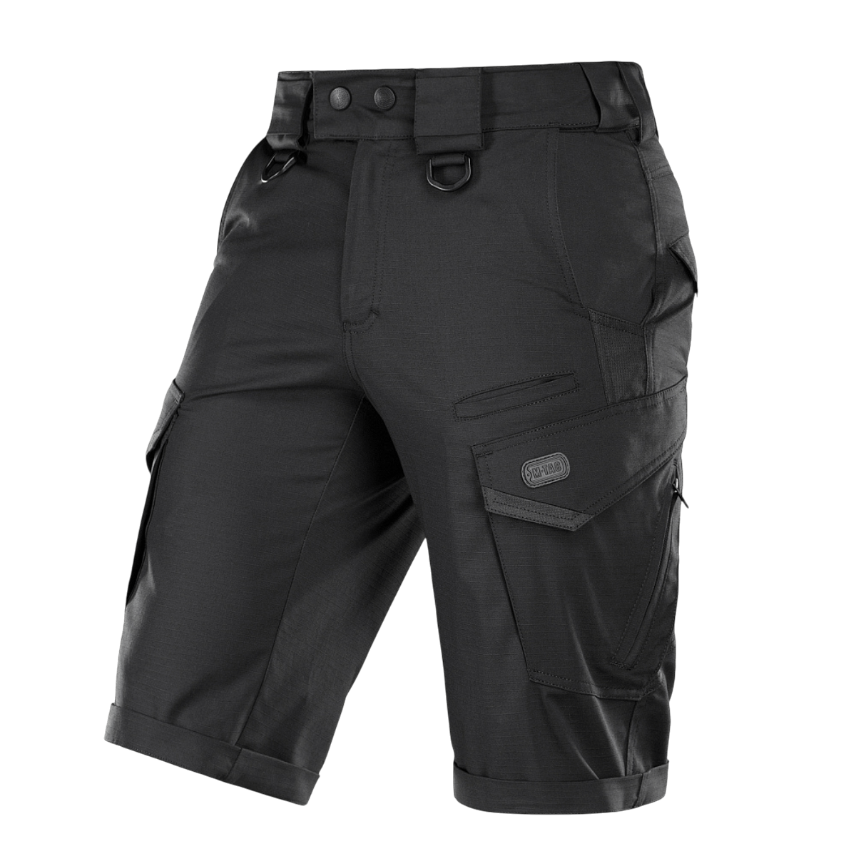 M-Tac Shorts Aggressor Gen.II Flex mustat, moderni taktinen muotoilu, sopii harjoitteluun ja vapaa-aikaan, valmistettu kestävästä ripstop-kankaasta.