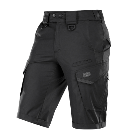 M-Tac Shorts Aggressor Gen.II Flex mustat, moderni taktinen muotoilu, sopii harjoitteluun ja vapaa-aikaan, valmistettu kestävästä ripstop-kankaasta.