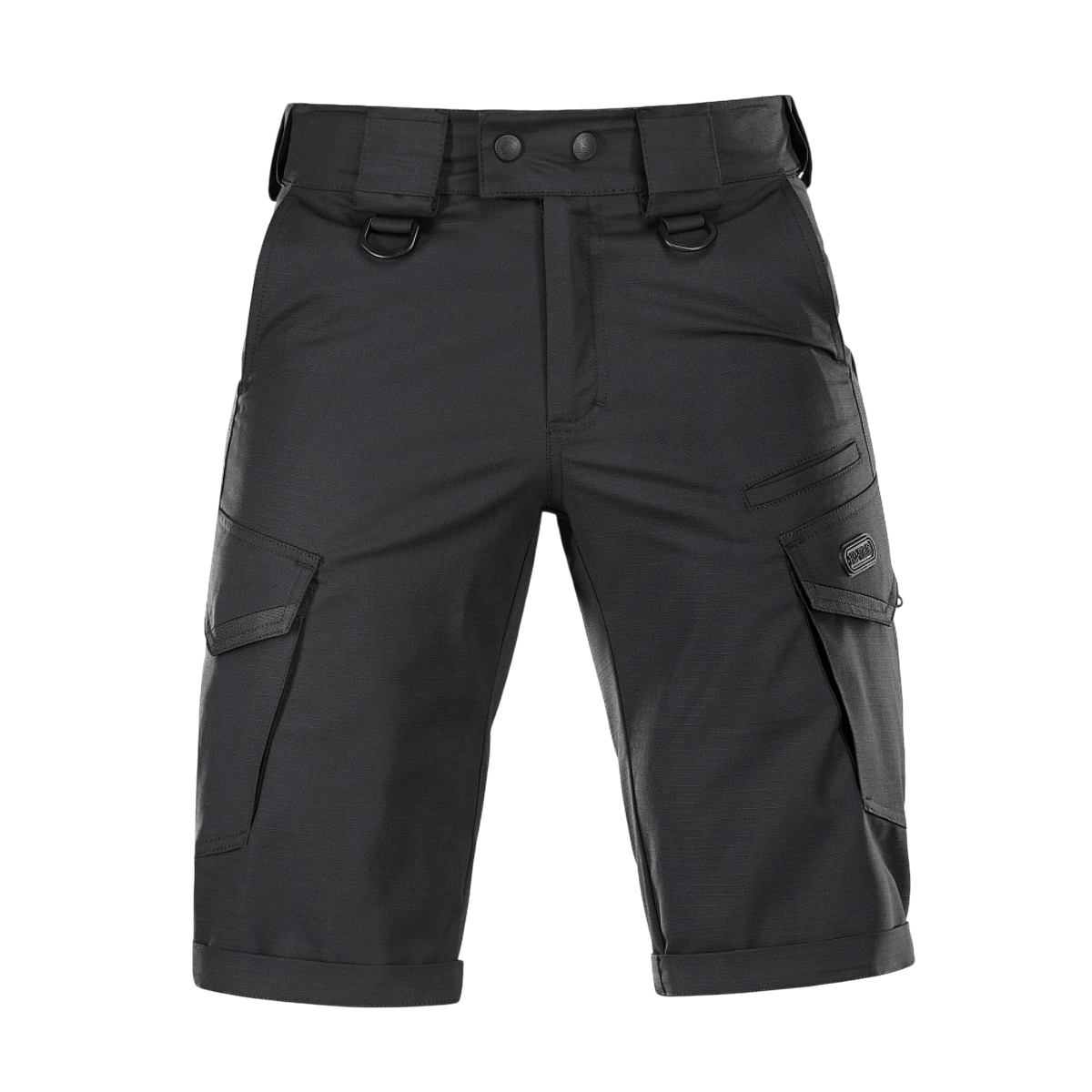 M-Tac Shorts Aggressor Gen.II Flex mustat taktiset shortsit monikäyttöiseen käyttöön, valmistettu ripstop-kankaasta, vettä hylkivä, kestävä rakenne.