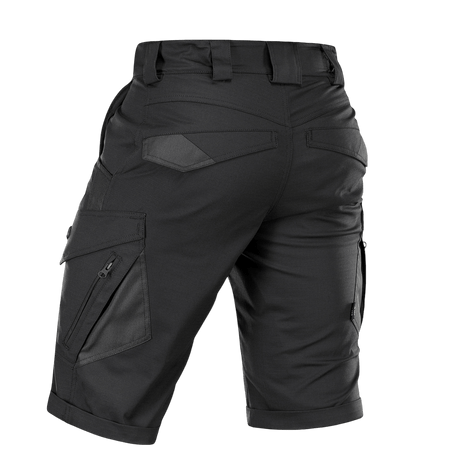 M-Tac Shorts Aggressor Gen.II Flex mustat takaa, monipuoliset taktiset shortsit harjoitteluun ja työhön, kestävä ripstop-kangas.