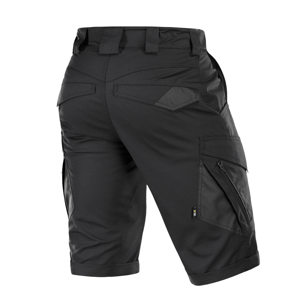 M-Tac Shorts Aggressor Gen.II Flex mustat ripstop-kankaasta, taktinen muotoilu, monikäyttöiset harjoitteluun ja arkeen, vesi- ja likahylkivä.
