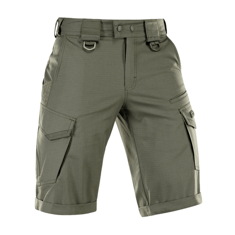 M-Tac Shorts Aggressor Gen.II Flex oliivinvihreänä, kevyet ja toiminnalliset harjoitteluun ja vapaa-aikaan, ripstop-materiaali Teflon-pinnoitteella.