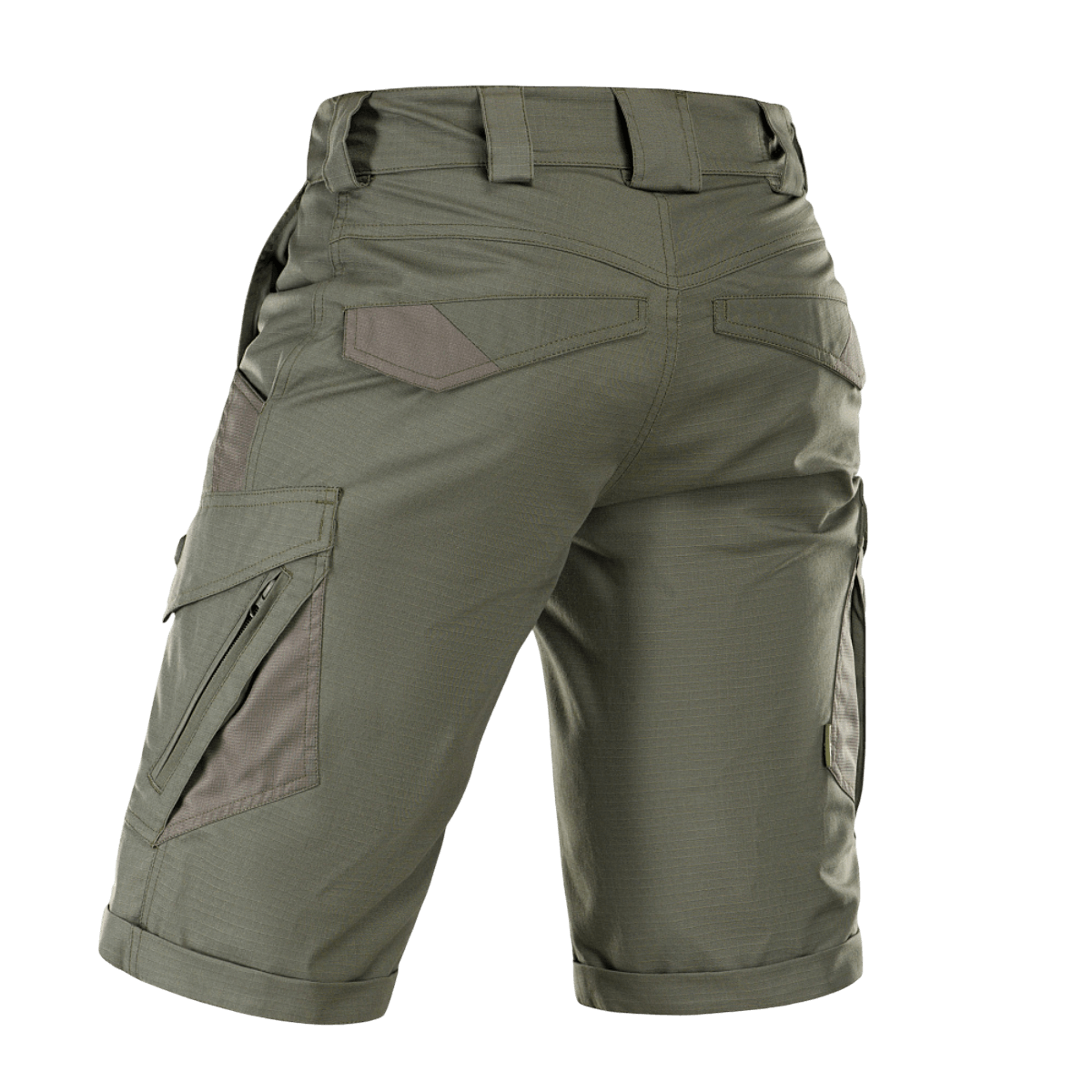 M-Tac Shorts Aggressor Gen.II Flex vihreänä, takaa kuvattuna, näyttää ripstop-materiaalin ja taktisen muotoilun taskuineen ja vyölenkkeineen.