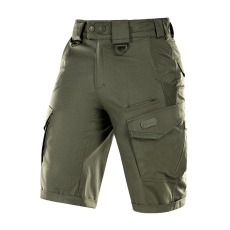 M-Tac Shorts Aggressor Gen.II Flex taktiset vihreät shortsit taskuilla, kevyt ja joustava muotoilu harjoitteluun ja vapaa-aikaan.