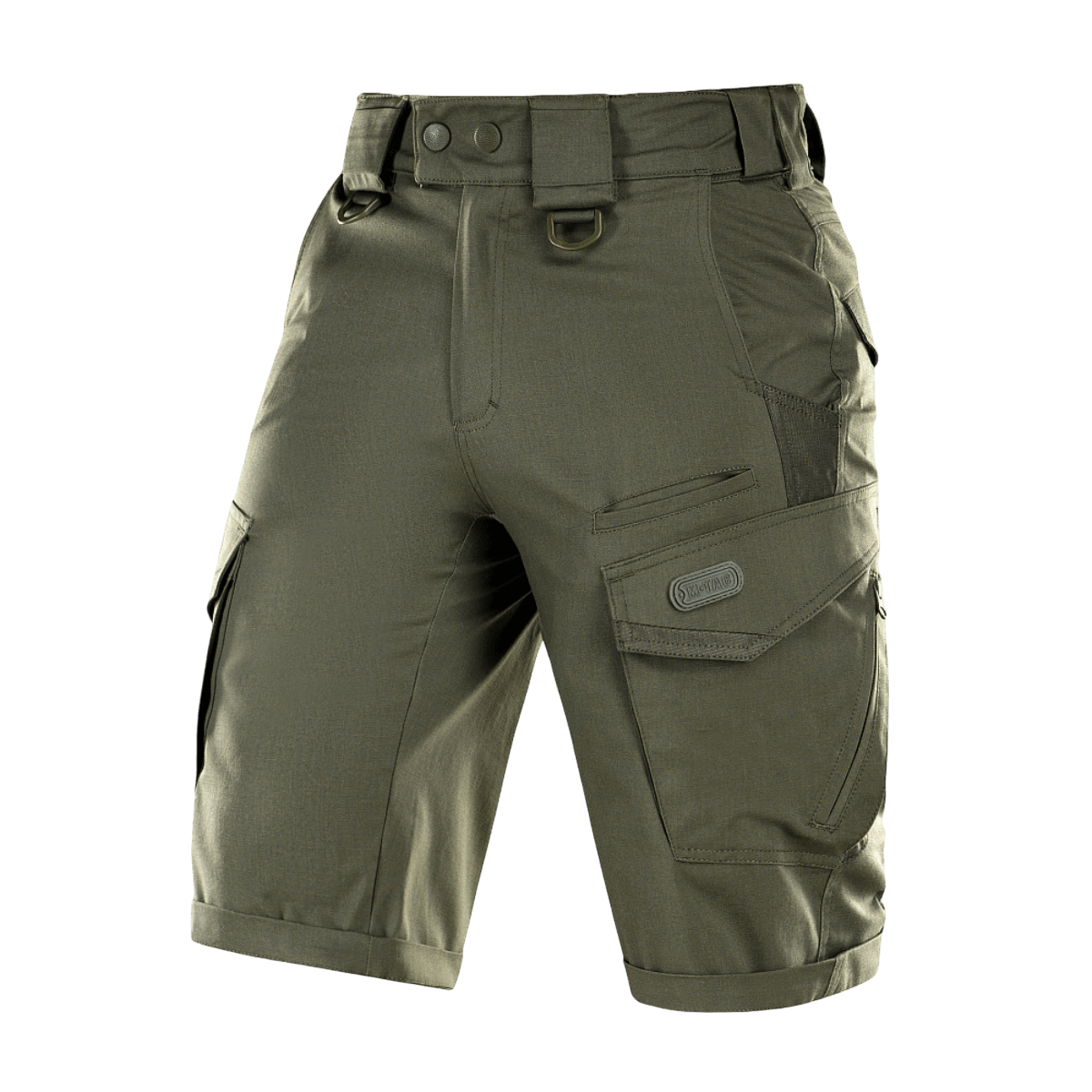 M-Tac Shorts Aggressor Gen.II Flex taktiset vihreät shortsit taskuilla, kevyt ja joustava muotoilu harjoitteluun ja vapaa-aikaan.