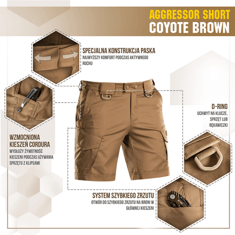 M-Tac Shorts Aggressor Short coyote brown -värissä taktisine ominaisuuksineen, mukaan lukien D-renkaat ja Cordura-taskut, täydellinen aktiiviseen ulkokäyttöön.
