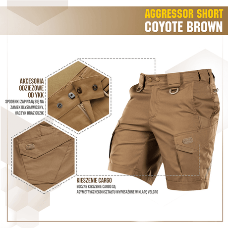 M-Tac Shorts Aggressor Short Coyote Brown -värissä taktisin taskuin ja säädettävin yksityiskohdin, sopii lämpimiin päiviin ja aktiiviseen elämäntapaan.