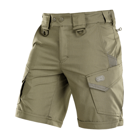 M-Tac Shorts Aggressor Short joustavasta polycotton Flex rip-stop -materiaalista, YKK-vetoketjuilla ja D-renkailla, ihanteellinen taktiseen käyttöön.